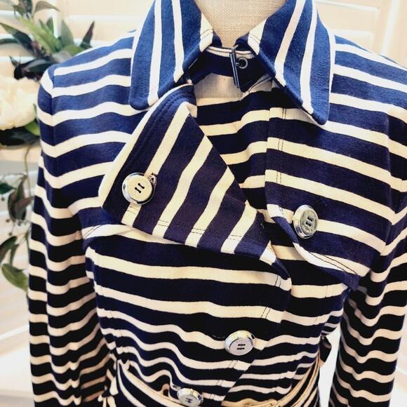 E-WORLD NAVY / CREAM MULTI POCKET BUTTON DOWN COAT WITH BELT SIZE SMALL - Picture 4 of 12